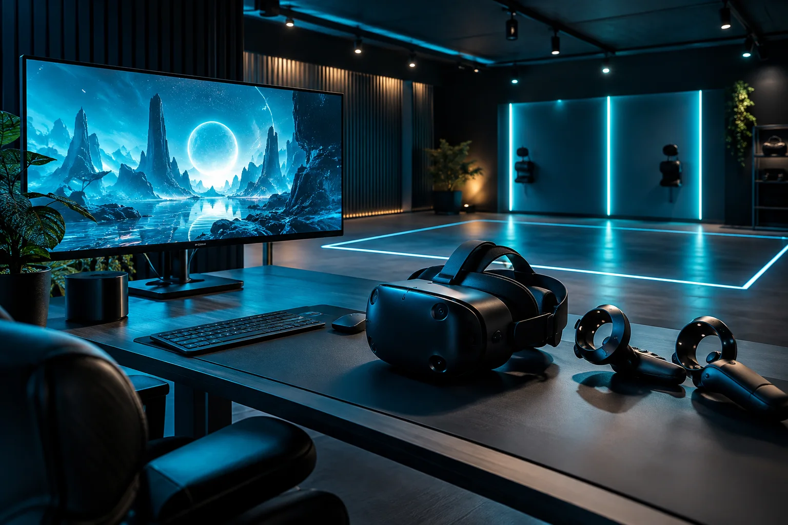 VR-apparatuur bij een werkstation VR-apparatuur bij een werkstation